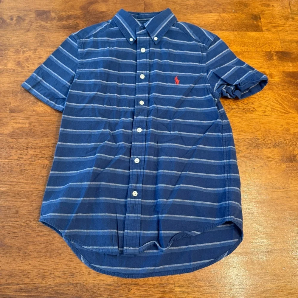 Ralph Lauren Navy Striped Button-Down Shirt size medium 10-12 100% cotton